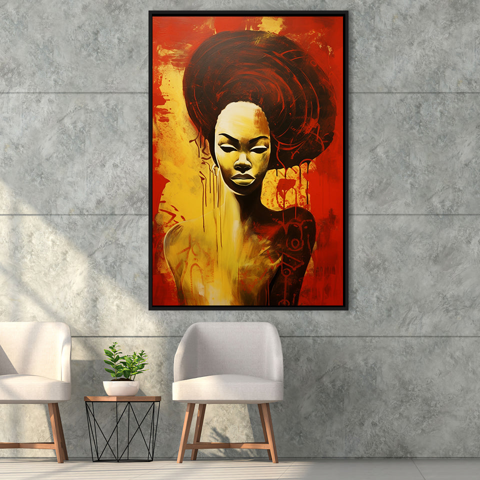 Woman African American Culture Mixed Symbol Acrylic Painting,Framed Canvas Prints,Floating Frame, Wall Art