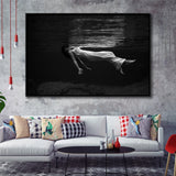 Woman Floating Black And White Print, Toni Frissell Underwater Photo Framed Canvas Prints Wall Art Home Decor,Floating Frame