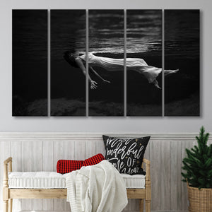Woman Floating Black And White Print, Toni Frissell Underwater Photo Larger Canvas Art, 5 Piece Canvas Prints Wall Art Decor