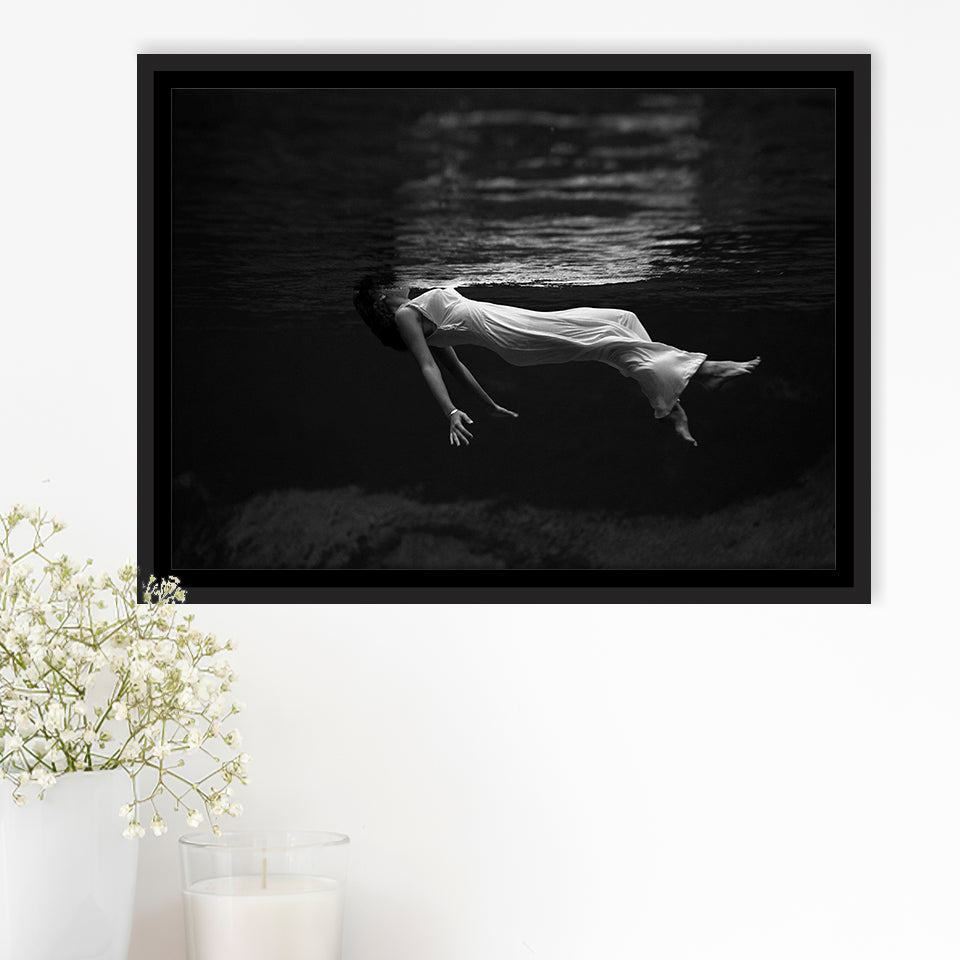 Woman Floating Black And White Print, Toni Frissell Underwater Photo Framed Canvas Prints Wall Art Home Decor,Floating Frame