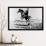 Woman Horse Jumping Black And White Print, Equestrian Girl Framed Canvas Prints Wall Art Home Decor,Floating Frame