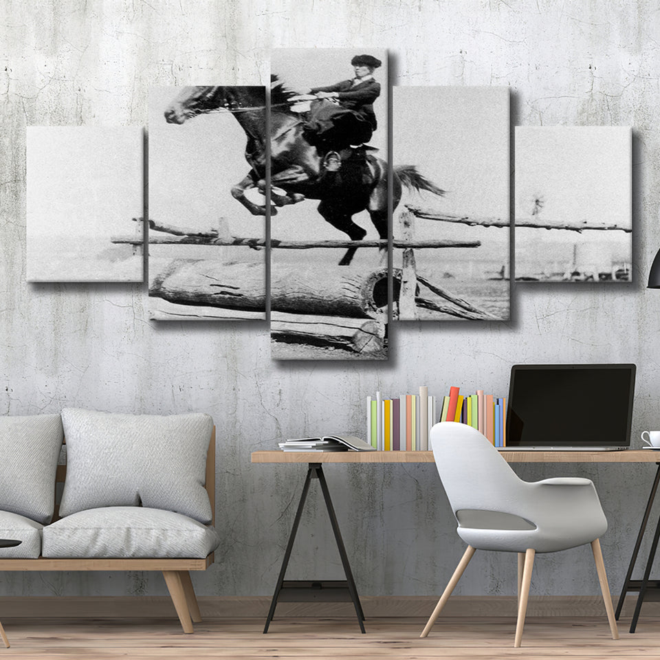 Woman Horse Jumping Black And White Print, Equestrian Girl 5 Panels, Canvas Prints Wall Art Decor, Large Canvas Art