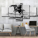 Woman Horse Jumping Black And White Print, Equestrian Girl 5 Panels, Canvas Prints Wall Art Decor, Large Canvas Art