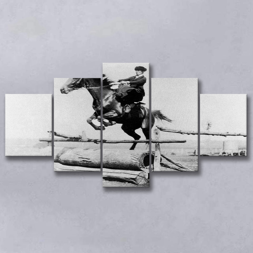 Woman Horse Jumping Black And White Print, Equestrian Girl 5 Panels, Canvas Prints Wall Art Decor, Large Canvas Art
