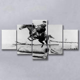 Woman Horse Jumping Black And White Print, Equestrian Girl 5 Panels, Canvas Prints Wall Art Decor, Large Canvas Art