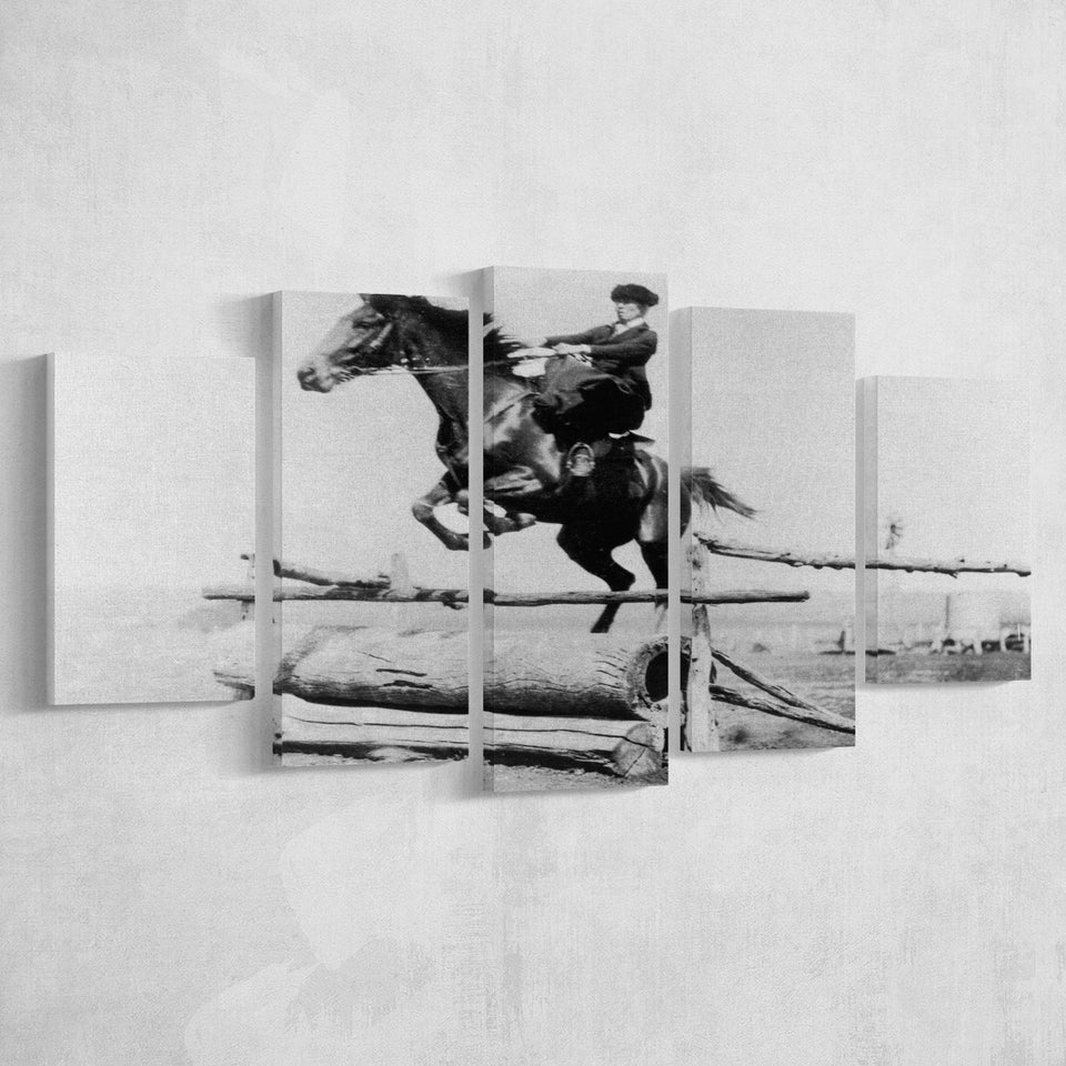 Woman Horse Jumping Black And White Print, Equestrian Girl 5 Panels, Canvas Prints Wall Art Decor, Large Canvas Art