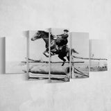 Woman Horse Jumping Black And White Print, Equestrian Girl 5 Panels, Canvas Prints Wall Art Decor, Large Canvas Art