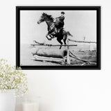 Woman Horse Jumping Black And White Print, Equestrian Girl Framed Canvas Prints Wall Art Home Decor,Floating Frame