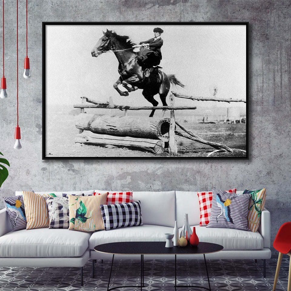 Woman Horse Jumping Black And White Print, Equestrian Girl Framed Canvas Prints Wall Art Home Decor,Floating Frame