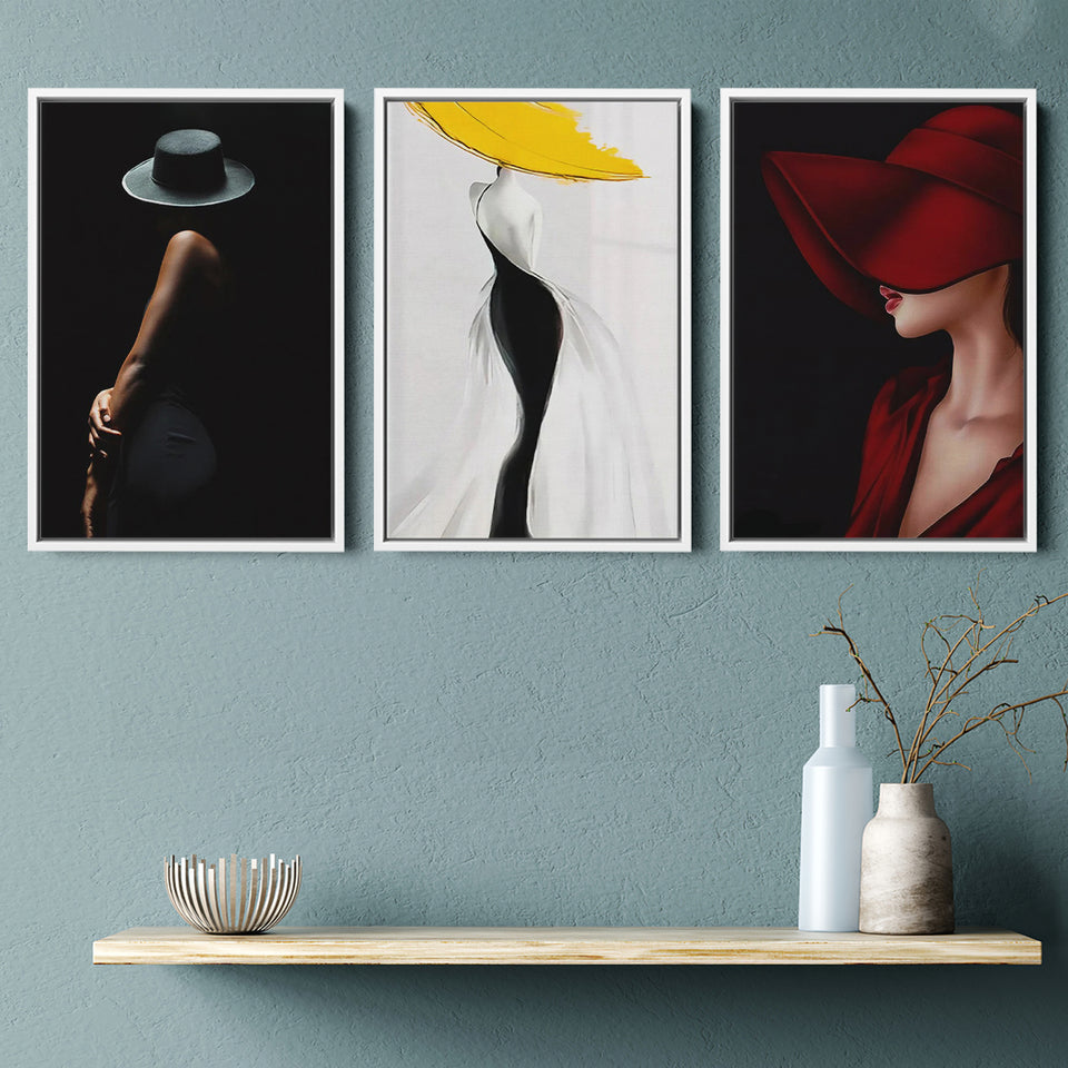 Woman In Hat Portrait Painting Prints Wall Art Home Decor Set of 3 Piece Framed Canvas Prints Wall Art Decor