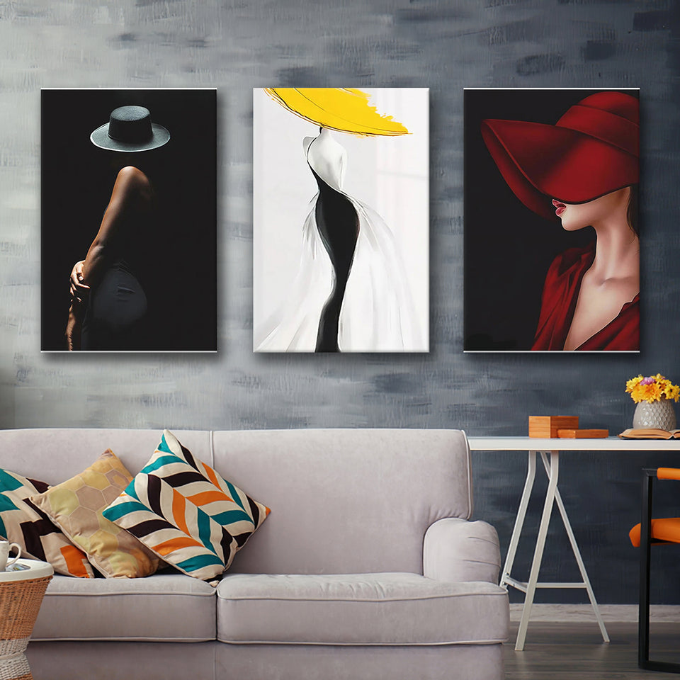Woman In Hat Portrait Canvas Painting Canvas Prints Wall Art Home Decor Set of 3 Piece Canvas Prints Wall Art Decor