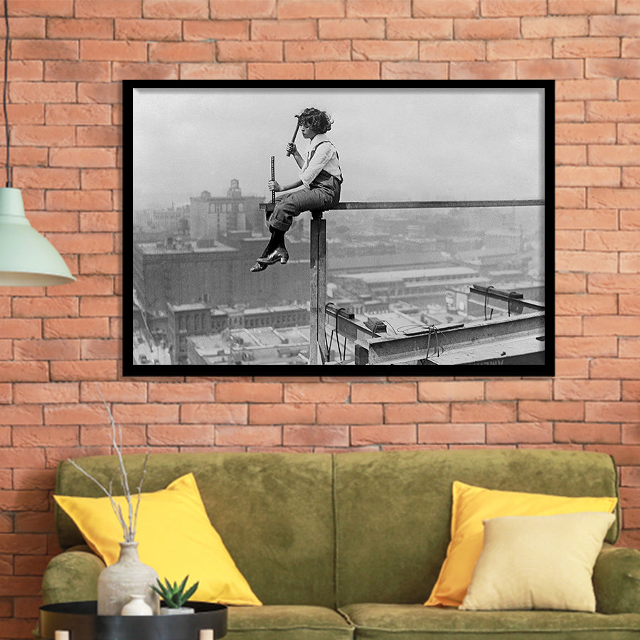 Woman Iron Girdering Black And White Print, Chicago Cityscape Framed Art Prints, Wall Art,Home Decor,Framed Picture
