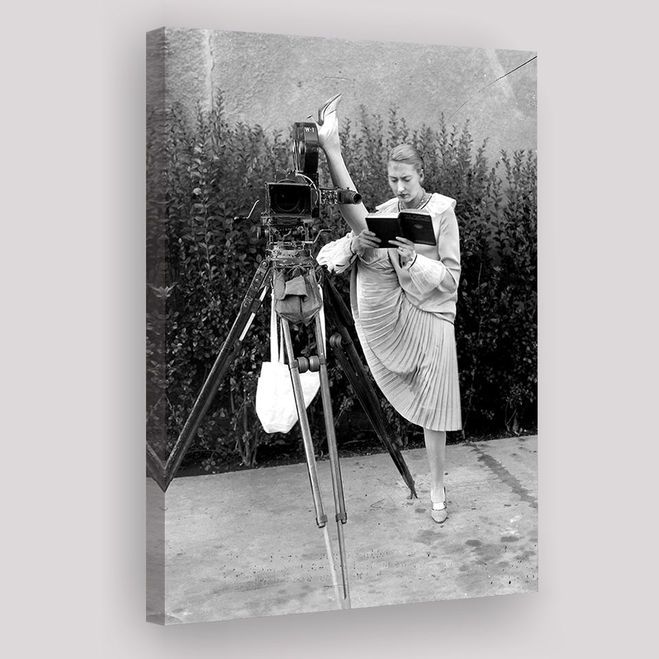 Woman Reading Black And White Print, Kicking Leg Up On Camera Reading A Book Canvas Prints Wall Art Home Decor