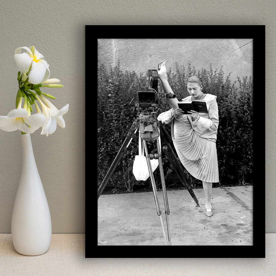Woman Reading Black And White Print, Kicking Leg Up On Camera Reading A Book Framed Art Print Wall Art Decor,Framed Picture