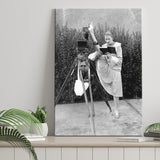 Woman Reading Black And White Print, Kicking Leg Up On Camera Reading A Book Canvas Prints Wall Art Home Decor