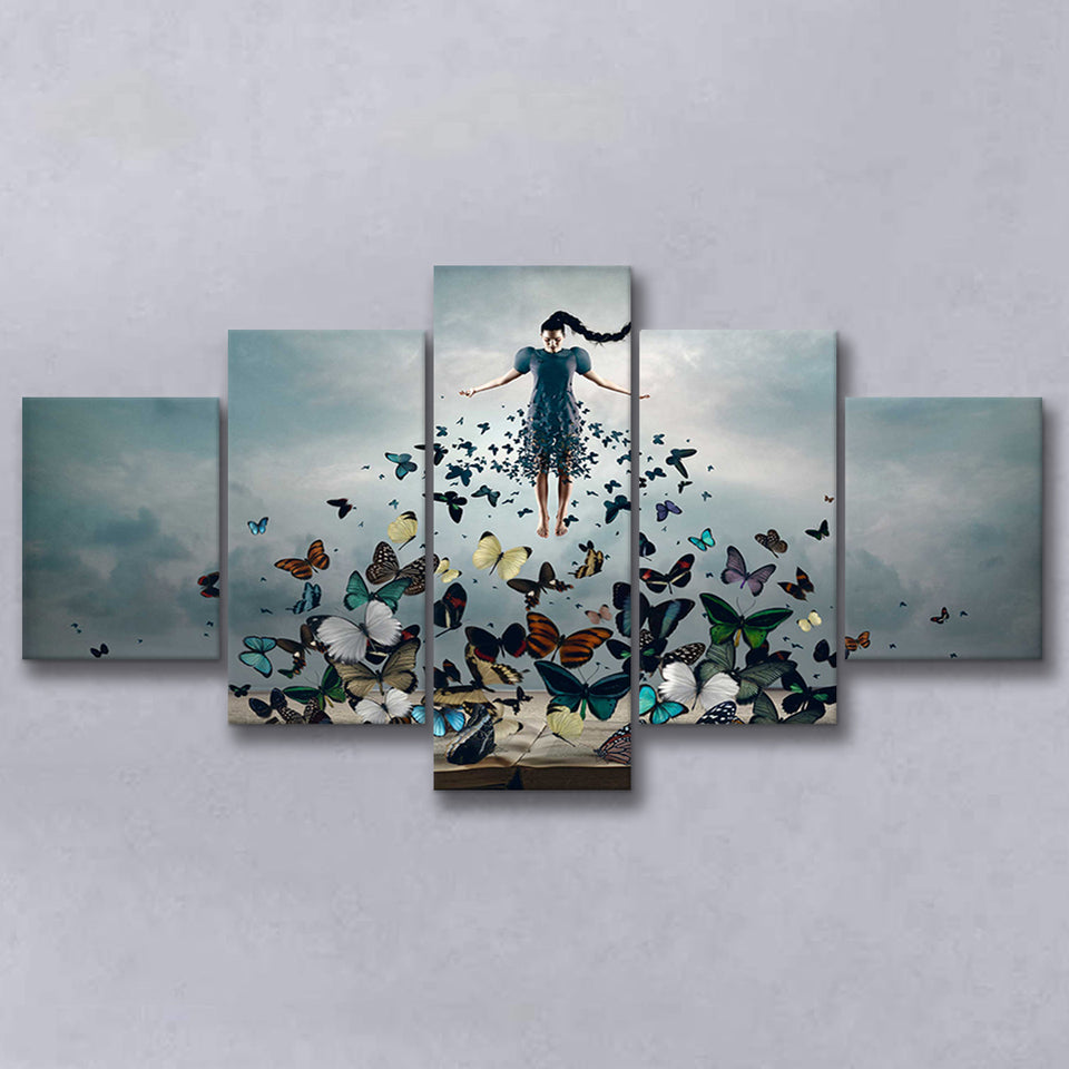 Woman With Butterflies, Abstract Art 5 Panels, Canvas Prints Wall Art Decor, Large Canvas Art