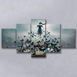 Woman With Butterflies, Abstract Art 5 Panels, Canvas Prints Wall Art Decor, Large Canvas Art