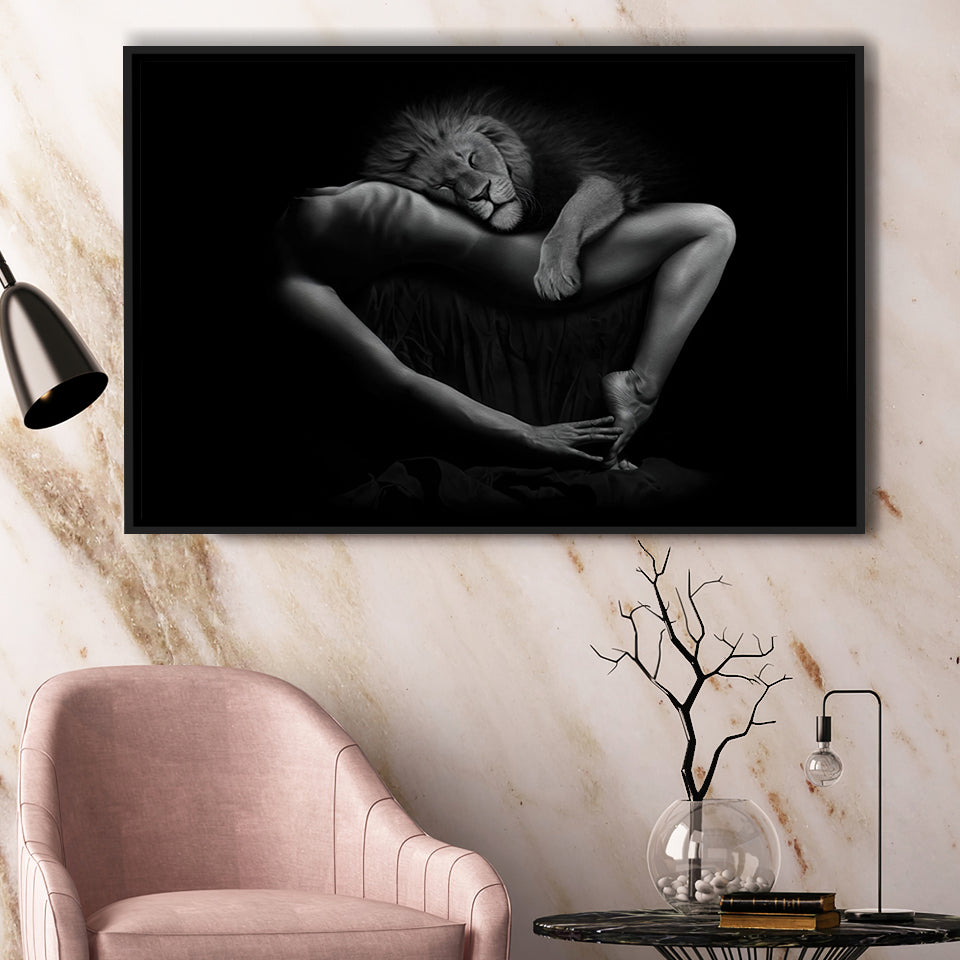 Woman And Lion Black And White Bed Room Decor Framed Canvas Prints Wall Art Decor, Framed Picture, Floating Frame
