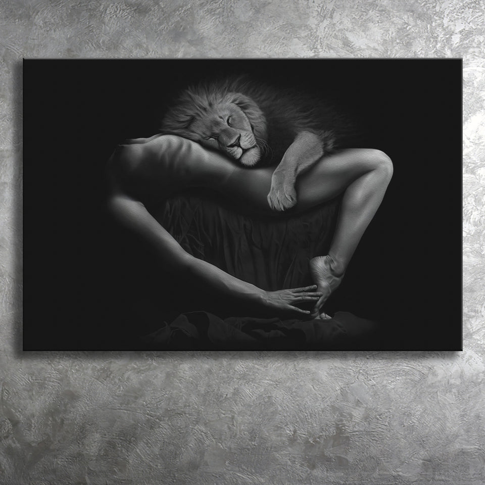 Woman And Lion Black And White Bed Room Decor Canvas Prints Wall Art Decor - Painting Canvas,Home Decor, Ready to Hang