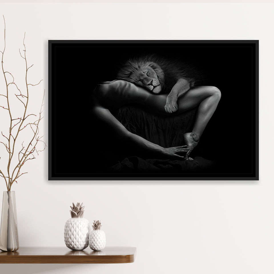 Woman And Lion Black And White Bed Room Decor Framed Canvas Prints Wall Art Decor, Framed Picture, Floating Frame