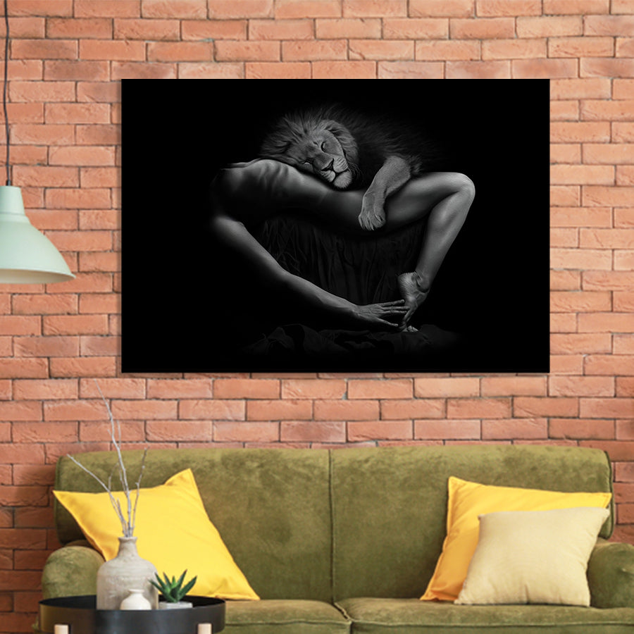 Woman And Lion Black And White Bed Room Decor Framed Art Prints Wall Art Decor, Framed Picture, Home Decor