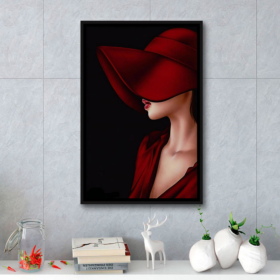Woman In Red Hat Portrait Canvas Painting Framed Canvas Prints Wall Art Home Decor, Floating Frame