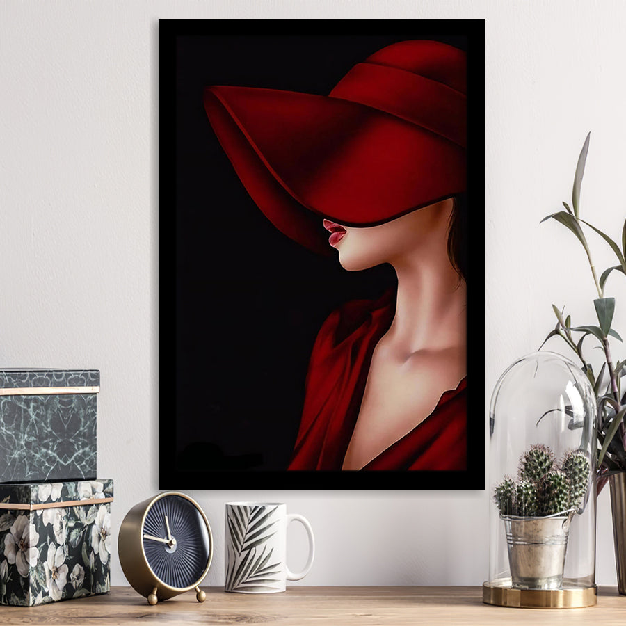 Woman In Red Hat Portrait Canvas Painting Framed Art Print Wall Art Decor,Framed Picture