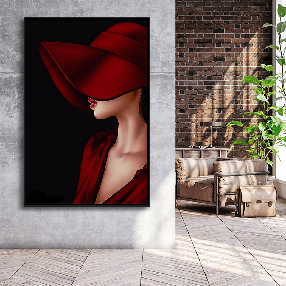 Woman In Red Hat Portrait Canvas Painting Framed Canvas Prints Wall Art Home Decor, Floating Frame
