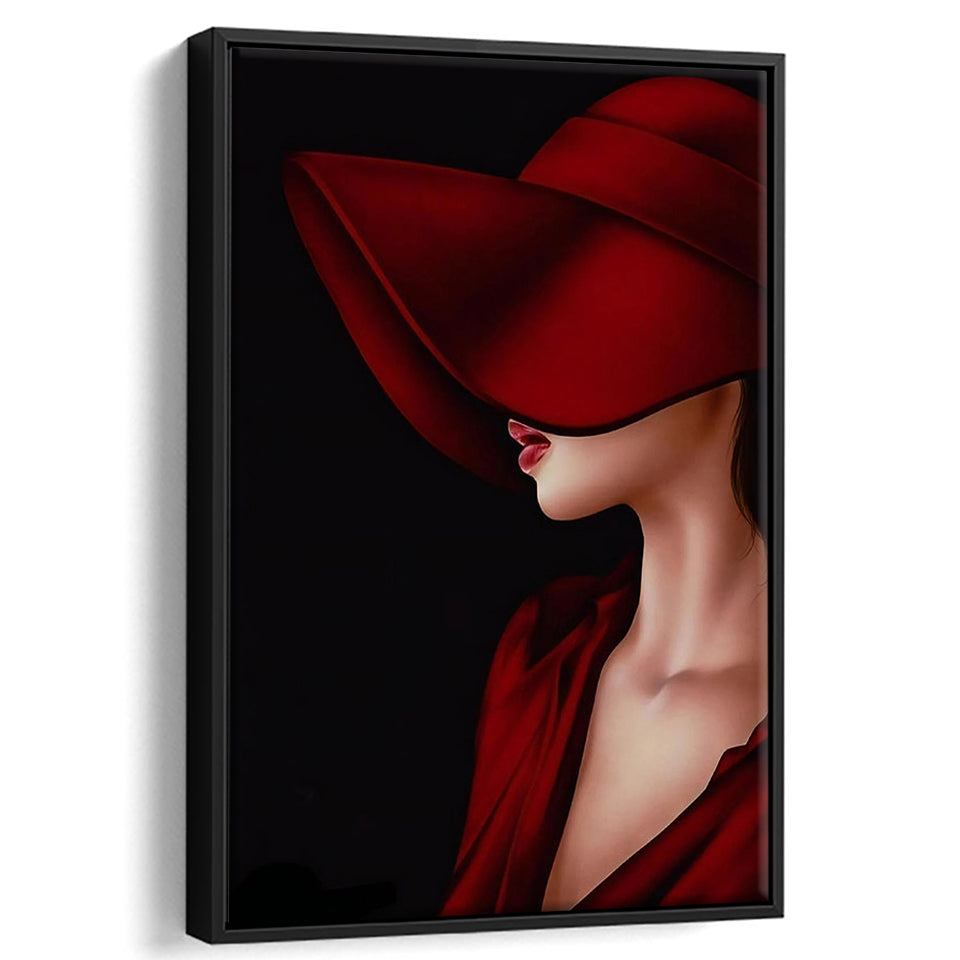 Woman In Red Hat Portrait Canvas Painting Framed Canvas Prints Wall Art Home Decor, Floating Frame