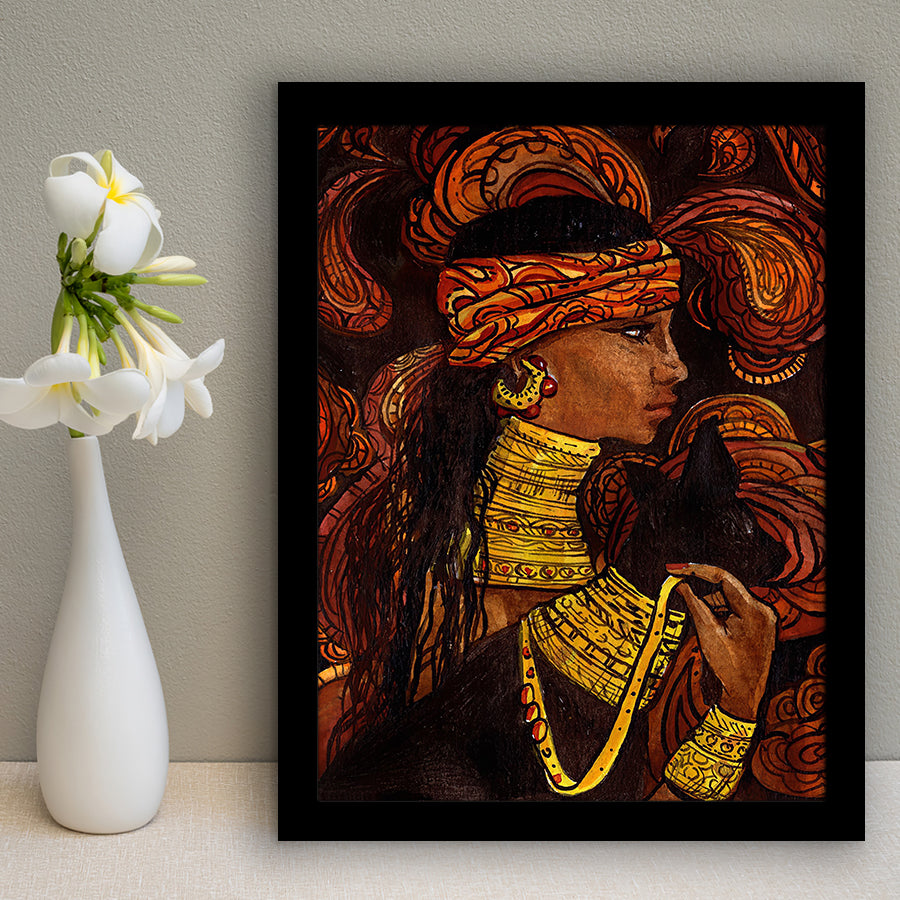 Woman with Black Cat Framed Art Prints Wall Decor - Painting Prints, African Art, Home Decor,Framed Picture,For Sale