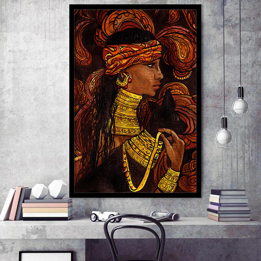 Woman with Black Cat Framed Art Prints Wall Decor - Painting Prints, African Art, Home Decor,Framed Picture,For Sale