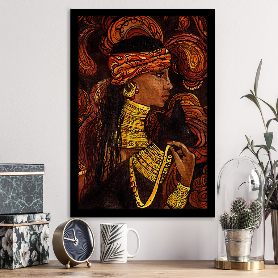 Woman with Black Cat Framed Art Prints Wall Decor - Painting Prints, African Art, Home Decor,Framed Picture,For Sale