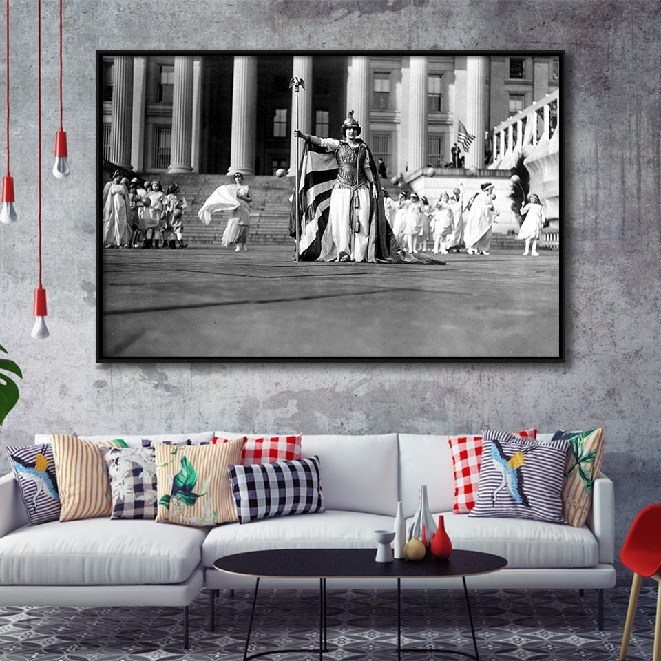 Women'S Suffrage Black And White Print, 'Columbia' Suffrage Pageant 1913 Framed Canvas Prints Wall Art Home Decor,Floating Frame