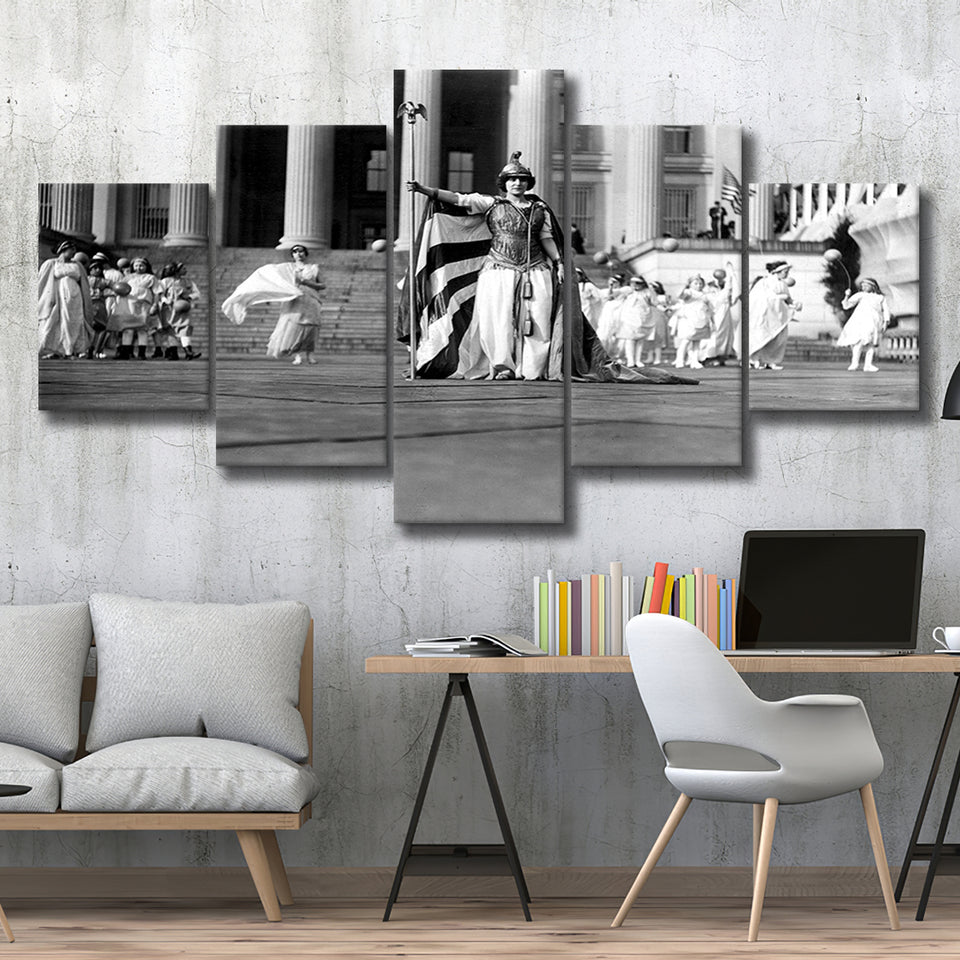 Women'S Suffrage Black And White Print, 'Columbia' Suffrage Pageant 1913 5 Panels, Canvas Prints Wall Art Decor, Large Canvas Art