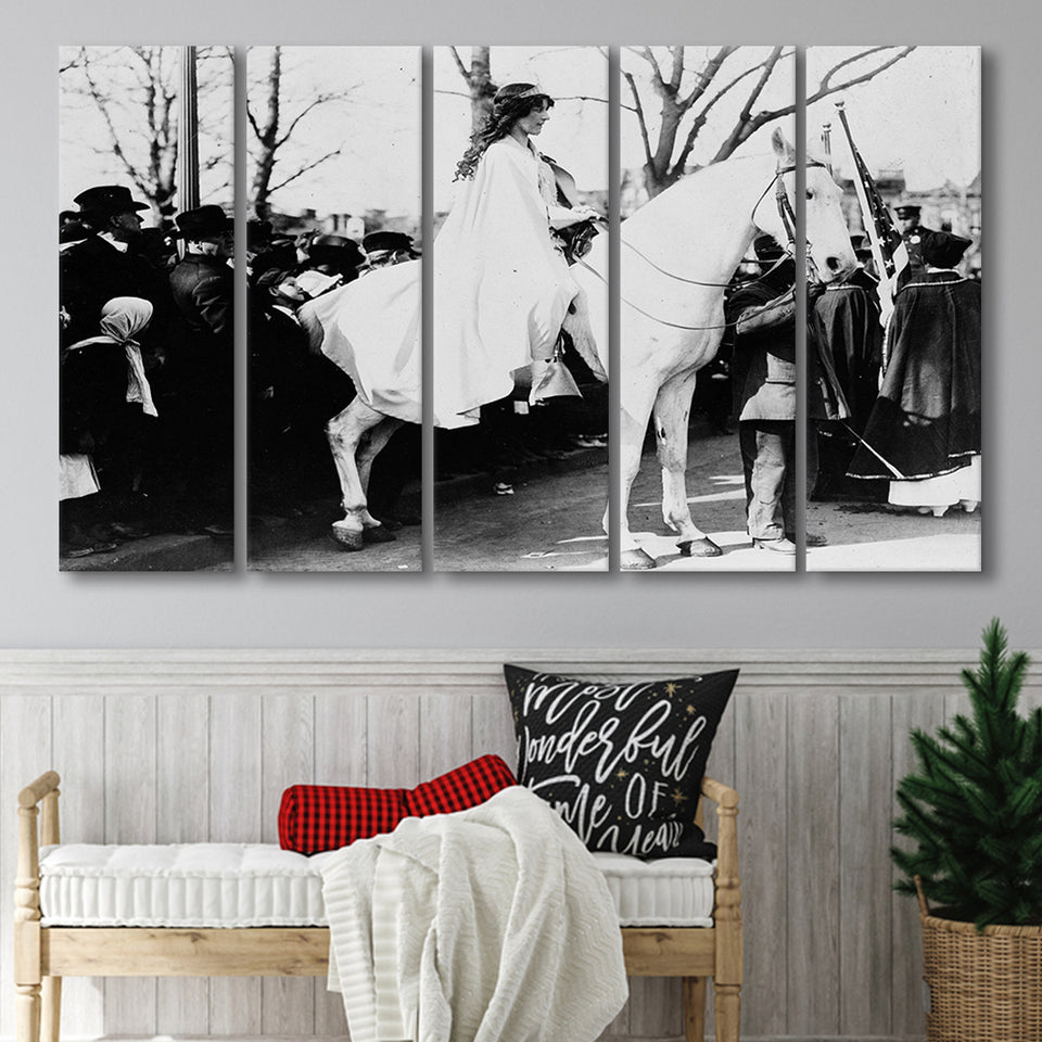 Women'S Suffrage Parage Black And White Print, Inez Milholland Larger Canvas Art, 5 Piece Canvas Prints Wall Art Decor