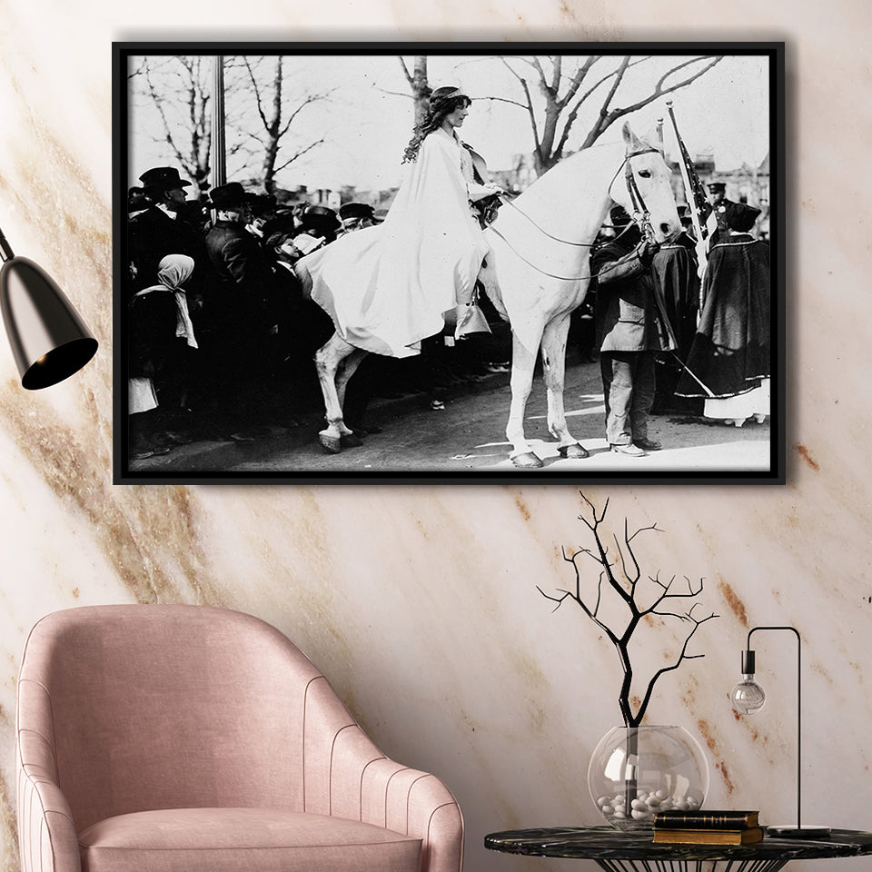 Women'S Suffrage Parage Black And White Print, Inez Milholland Framed Canvas Prints Wall Art Home Decor,Floating Frame
