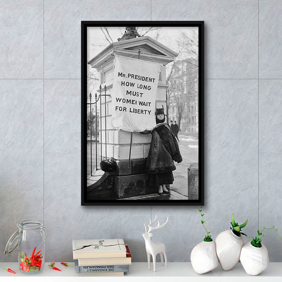 Women'S Suffrage Photo Black And White Print, Protest The President Framed Canvas Prints Wall Art Home Decor, Floating Frame