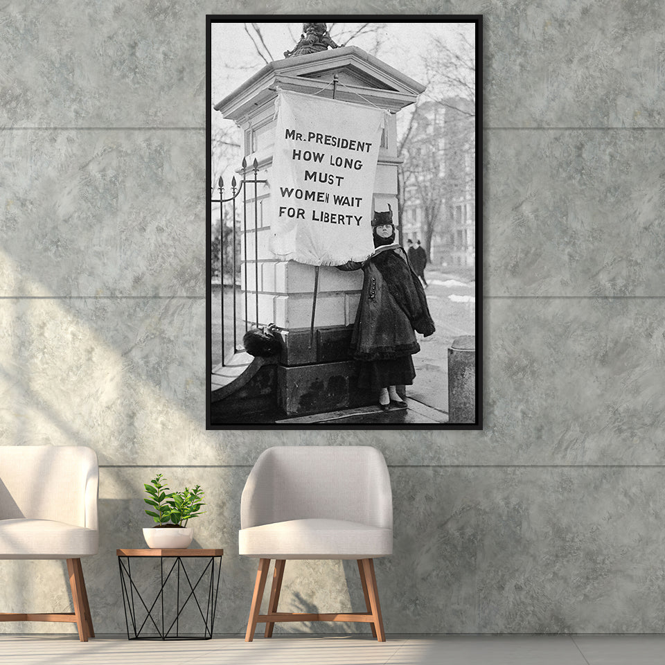 Women'S Suffrage Photo Black And White Print, Protest The President Framed Canvas Prints Wall Art Home Decor, Floating Frame