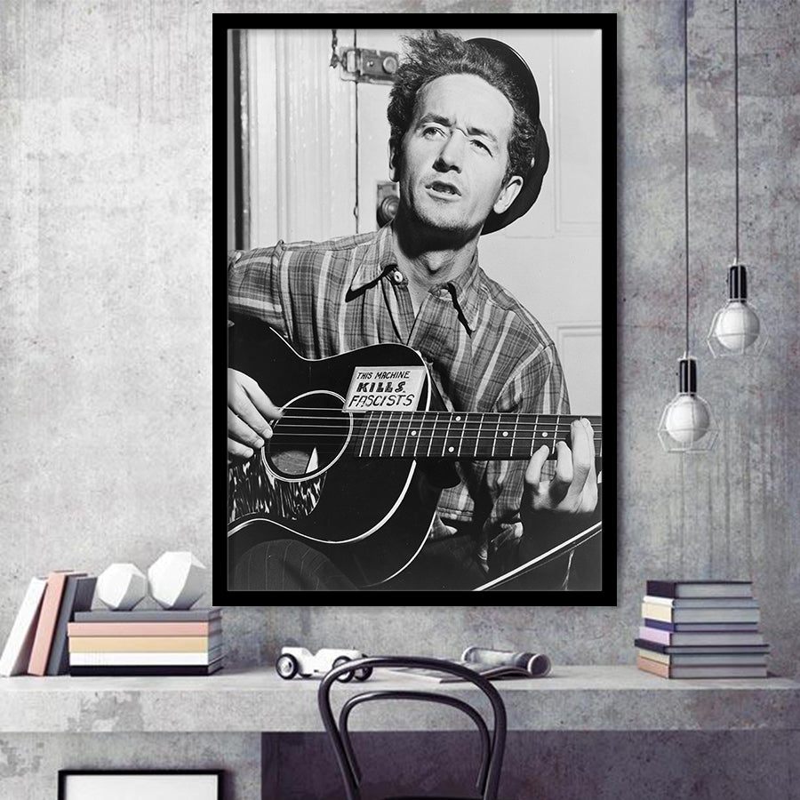 Woody Guthrie Black And White Print, Woody Guthrie Playing Guitar Framed Art Print Wall Art Decor,Framed Picture