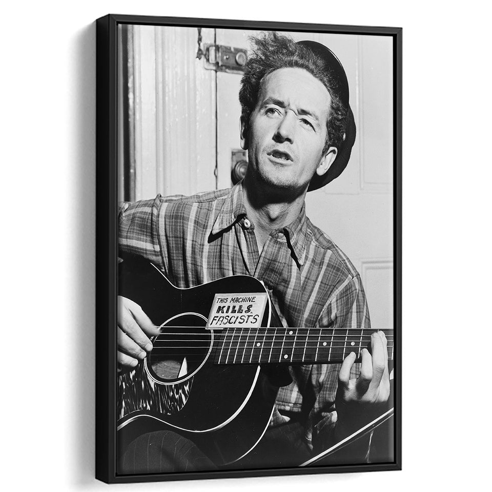 Woody Guthrie Black And White Print, Woody Guthrie Playing Guitar Framed Canvas Prints Wall Art Home Decor, Floating Frame