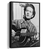 Woody Guthrie Black And White Print, Woody Guthrie Playing Guitar Framed Canvas Prints Wall Art Home Decor, Floating Frame