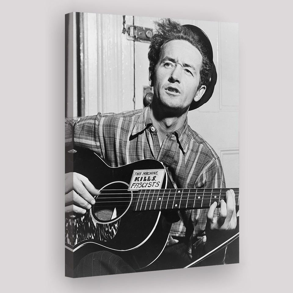 Woody Guthrie Black And White Print, Woody Guthrie Playing Guitar Canvas Prints Wall Art Home Decor