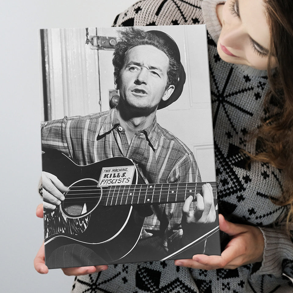 Woody Guthrie Black And White Print, Woody Guthrie Playing Guitar Canvas Prints Wall Art Home Decor