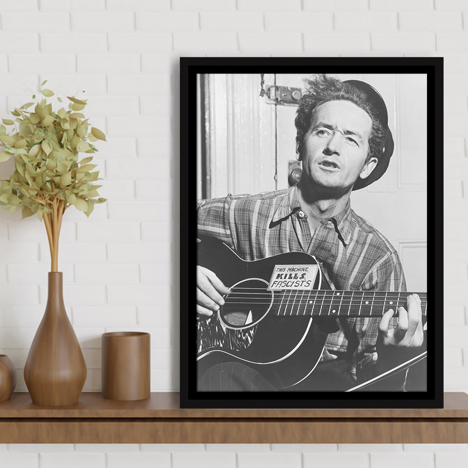 Woody Guthrie Black And White Print, Woody Guthrie Playing Guitar Framed Canvas Prints Wall Art Home Decor, Floating Frame