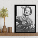 Woody Guthrie Black And White Print, Woody Guthrie Playing Guitar Framed Canvas Prints Wall Art Home Decor, Floating Frame