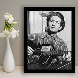 Woody Guthrie Black And White Print, Woody Guthrie Playing Guitar Framed Art Print Wall Art Decor,Framed Picture