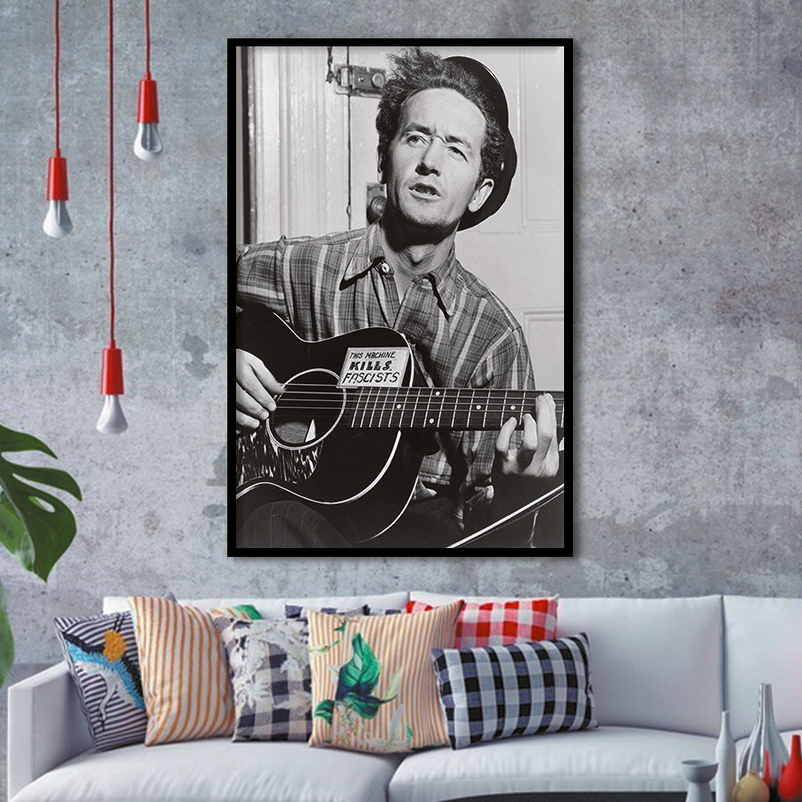 Woody Guthrie Black And White Print, Woody Guthrie Playing Guitar Framed Art Print Wall Art Decor,Framed Picture
