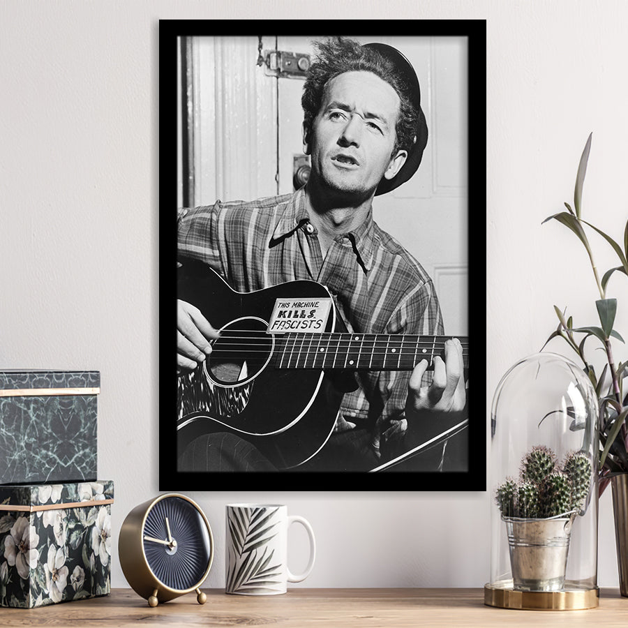 Woody Guthrie Black And White Print, Woody Guthrie Playing Guitar Framed Art Print Wall Art Decor,Framed Picture
