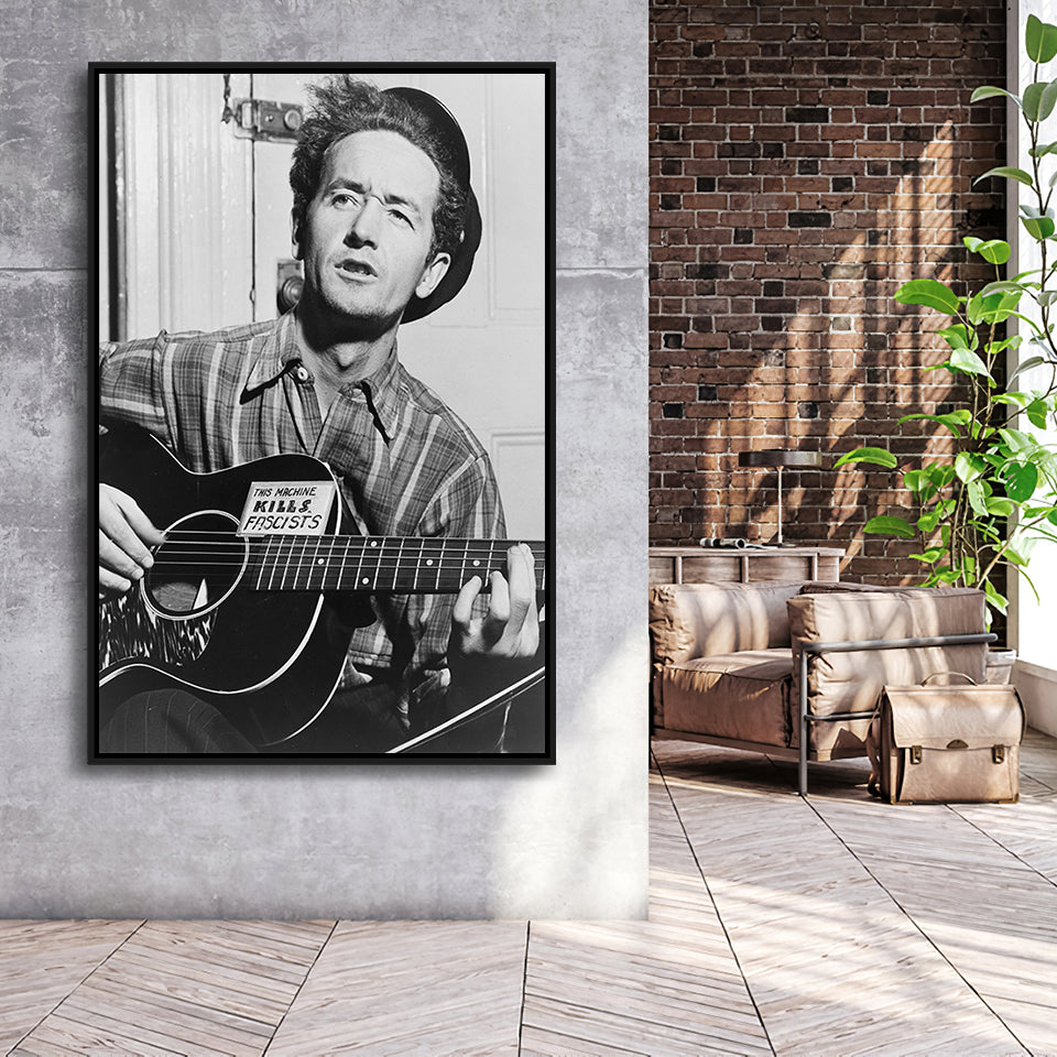 Woody Guthrie Black And White Print, Woody Guthrie Playing Guitar Framed Canvas Prints Wall Art Home Decor, Floating Frame
