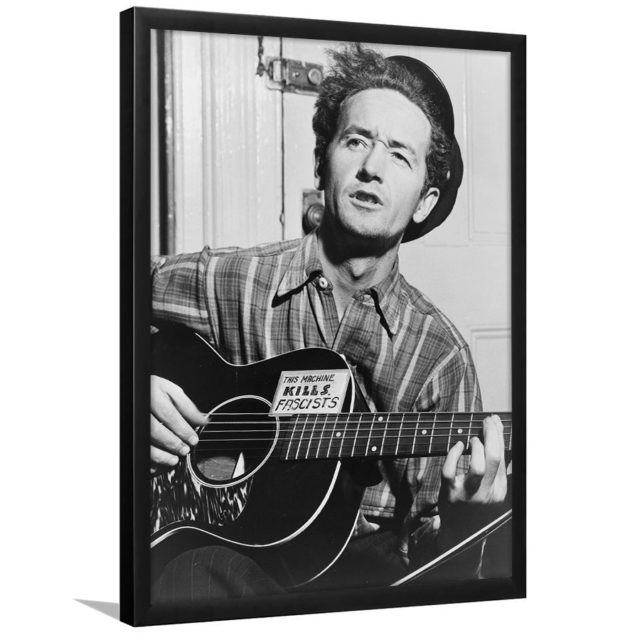 Woody Guthrie Black And White Print, Woody Guthrie Playing Guitar Framed Art Print Wall Art Decor,Framed Picture
